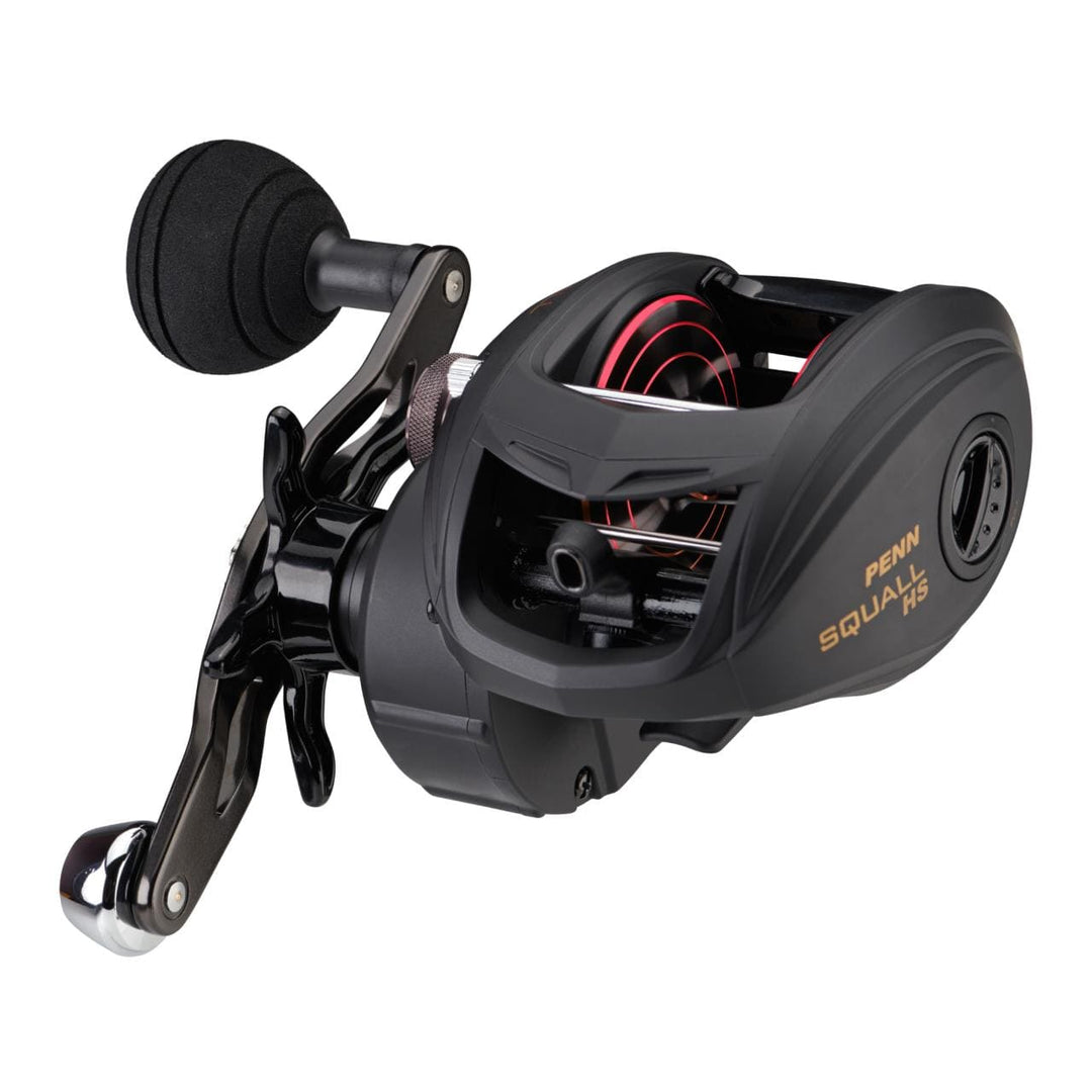 Penn Squall Low Profile Baitcast Reel with ergonomic handle and line spool, designed for smooth fishing performance.