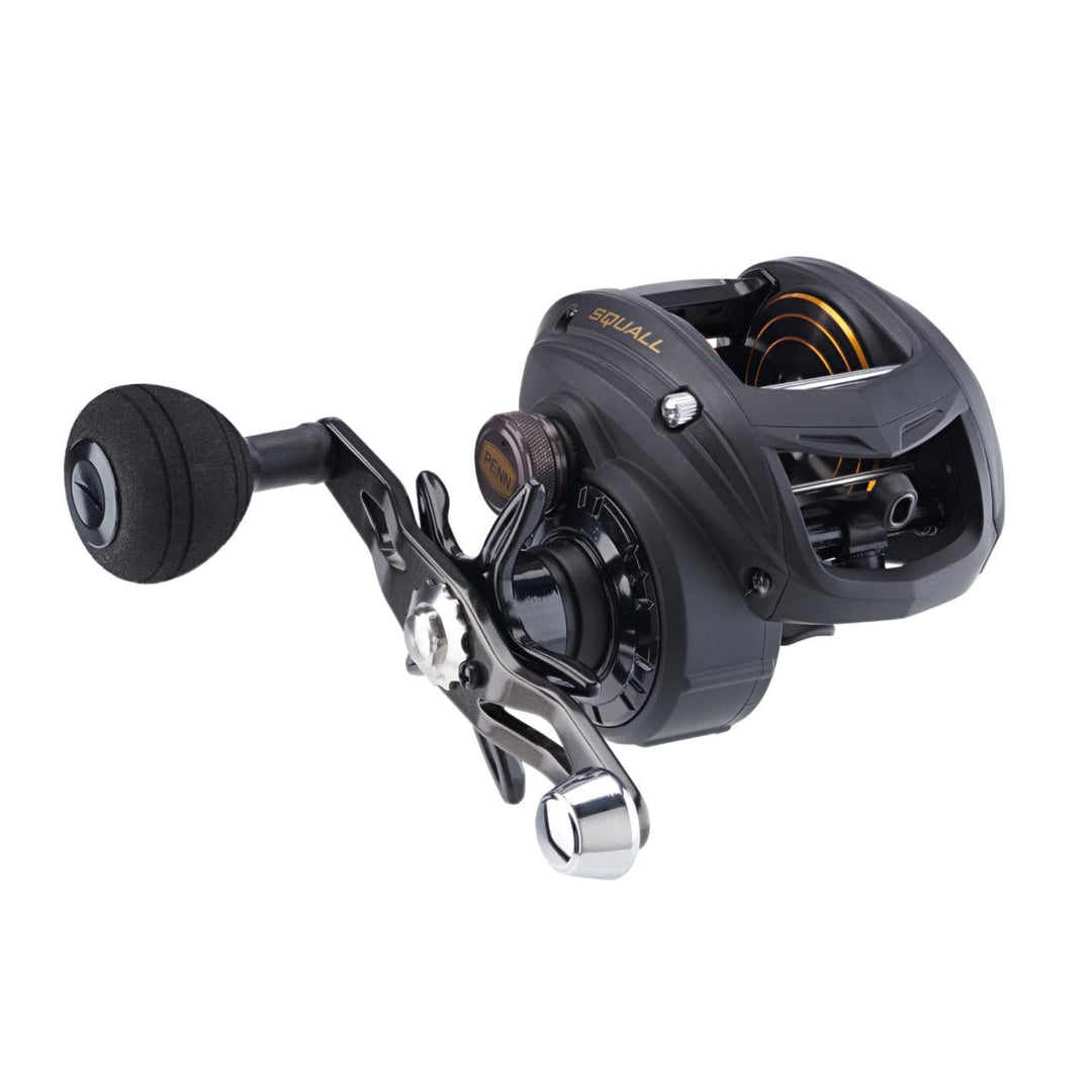Penn Squall Low Profile Baitcast Reel with ergonomic handle and braided line, designed for smooth casting and durability.