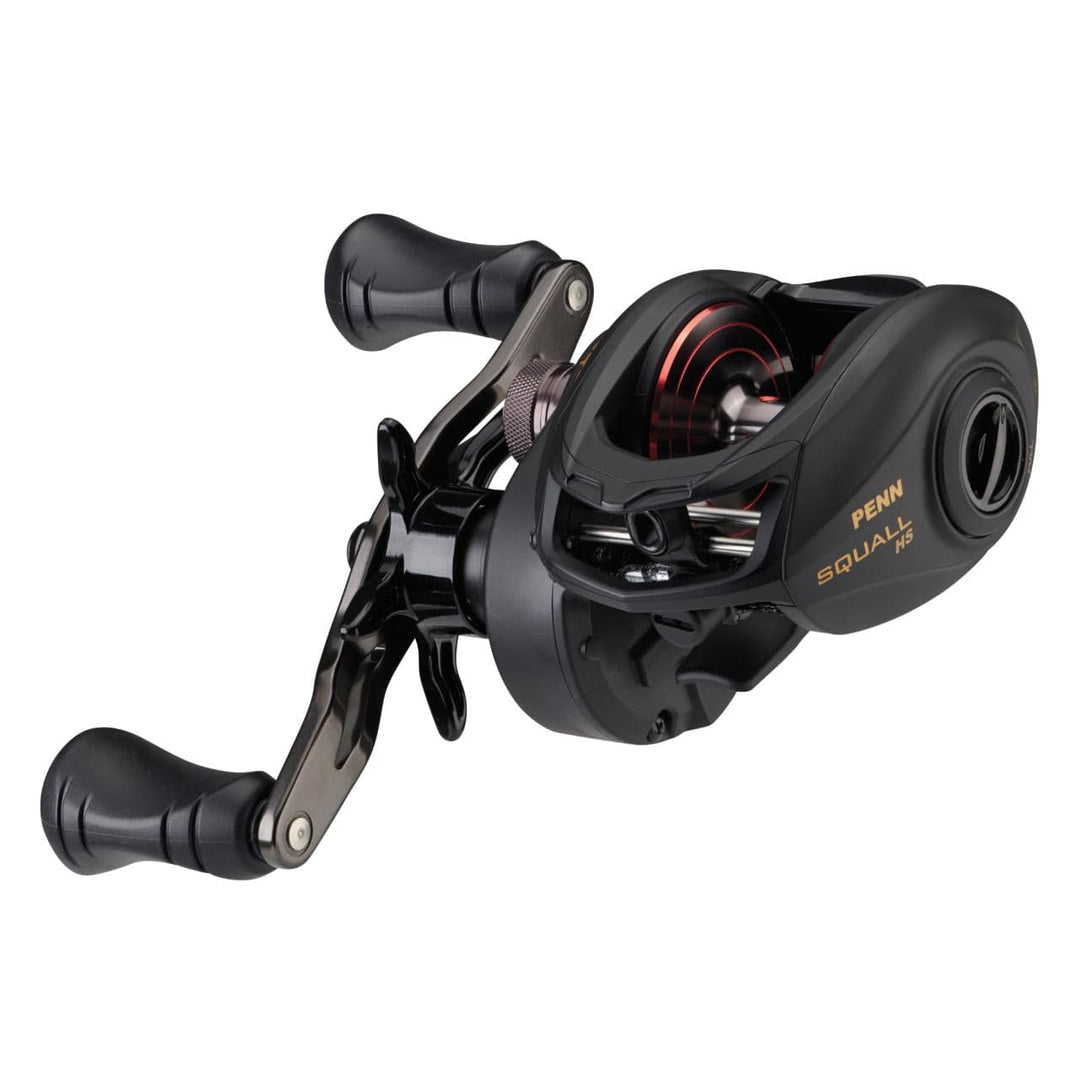 Penn Squall Low Profile Baitcast Reel with ergonomic design and stainless steel components, ideal for freshwater and saltwater fishing.
