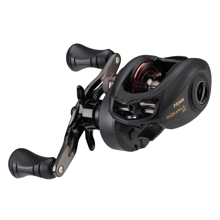Penn Squall Low Profile Baitcast Reel with ergonomic design and stainless steel components, ideal for freshwater and saltwater fishing.