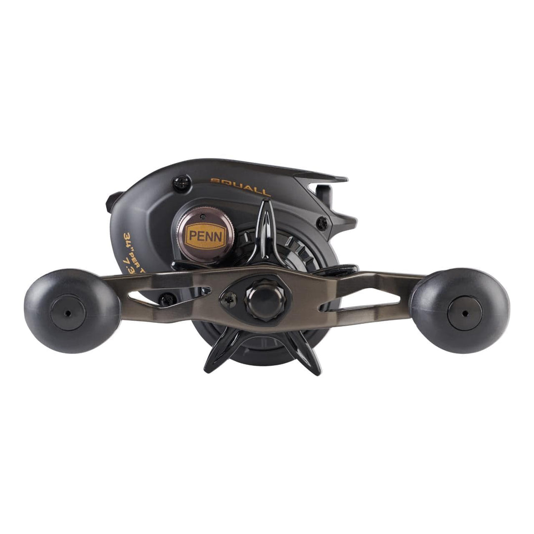 Penn Squall Low Profile Baitcast Reel showing the reel's handle, spool, and compact design for saltwater fishing.