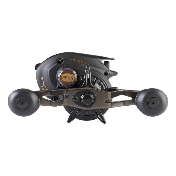 Penn Squall Low Profile Baitcast Reel showing the reel's handle, spool, and compact design for saltwater fishing.