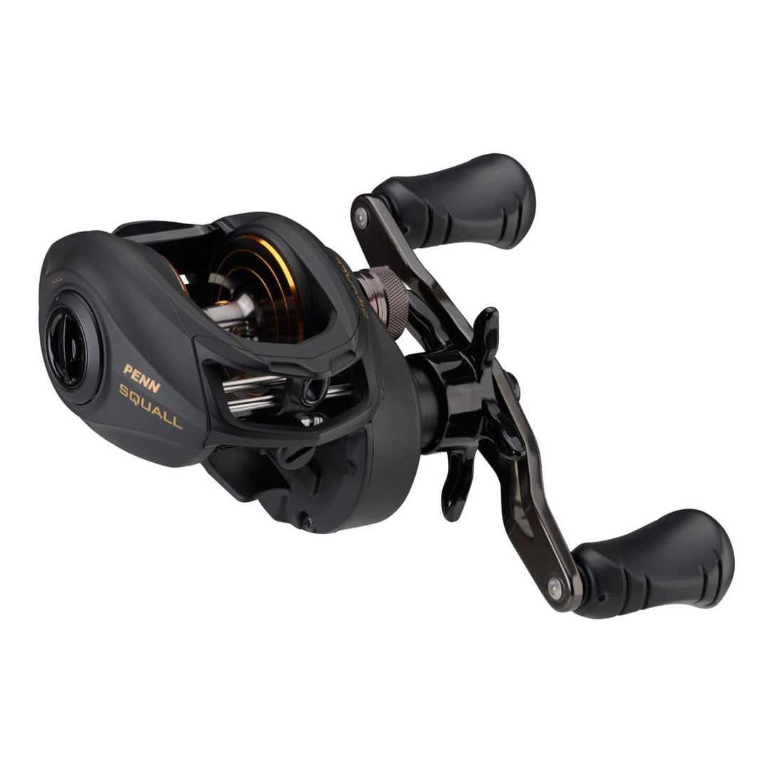 Penn Squall Low Profile Baitcast Reel with handle and spool, designed for freshwater and saltwater fishing.