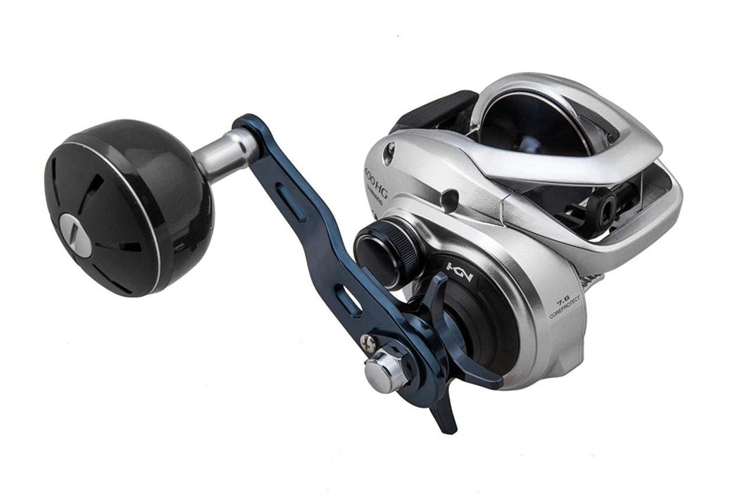 Shimano Tranx baitcasting reel shown with handle and spool, designed for smooth fishing performance.