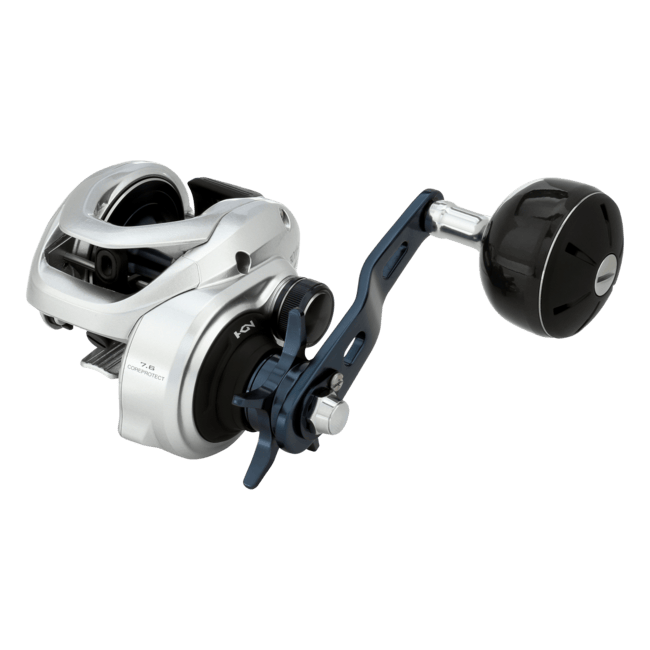 Shimano Tranx baitcasting reel with black body and handle, designed for smooth fishing performance.