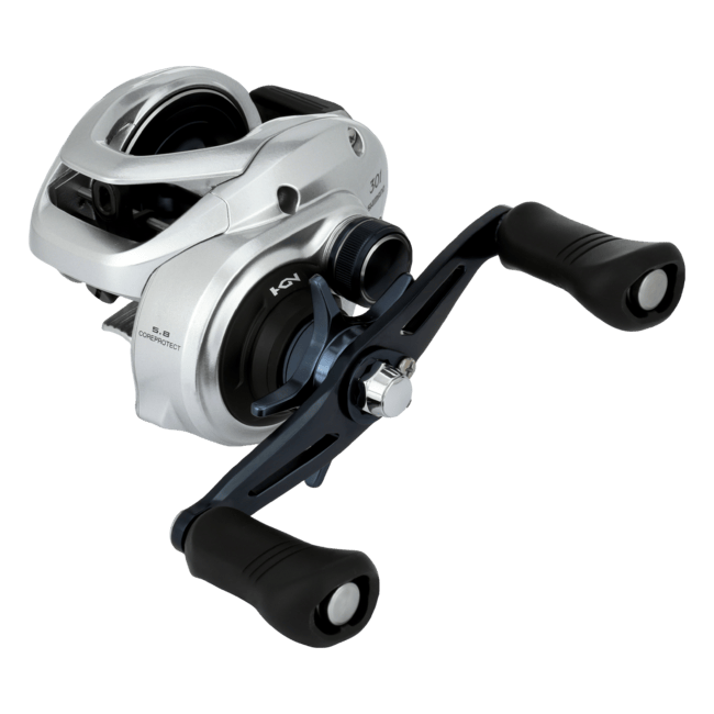 Shimano Tranx baitcasting reel with black body and ergonomic handle, designed for smooth casting and fishing performance.