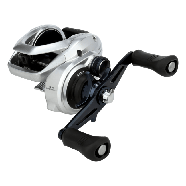Shimano Tranx baitcasting reel, black with silver accents, featuring ergonomic handle and spool, designed for fishing enthusiasts.
