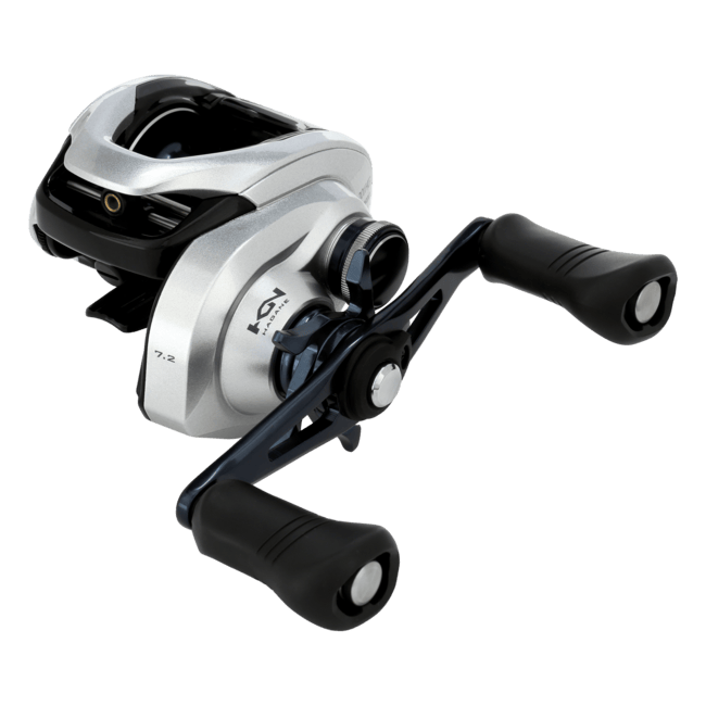 Shimano Tranx baitcasting reel, black fishing reel with ergonomic handle and line guide, designed for smooth casting and durability.