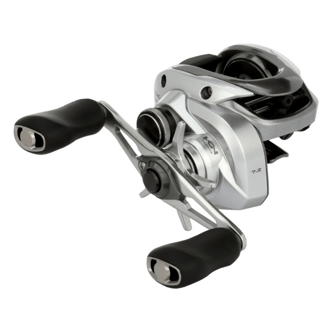 Shimano Tranx baitcasting reel with handle and spool, designed for fishing, shown in a detailed close-up image.