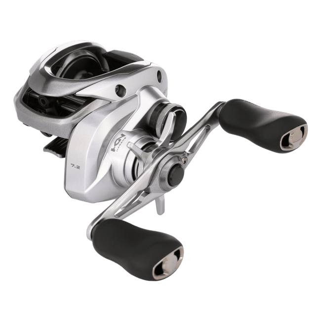 Shimano Tranx baitcasting reel with black body and ergonomic handle, designed for smooth casting and fishing durability.