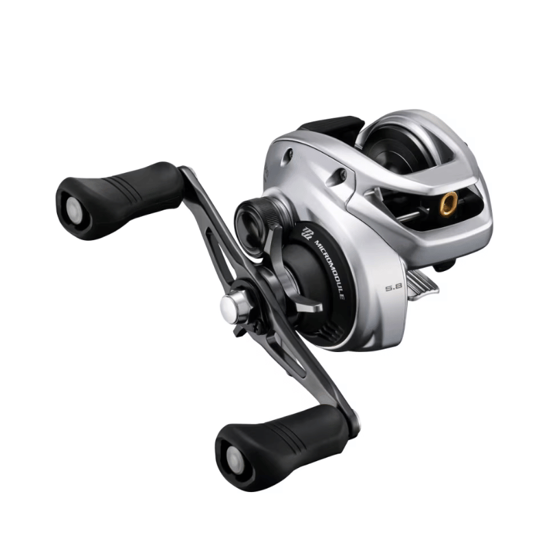 Shimano Tranx B baitcasting reel with black body and ergonomic handle, designed for smooth fishing performance.