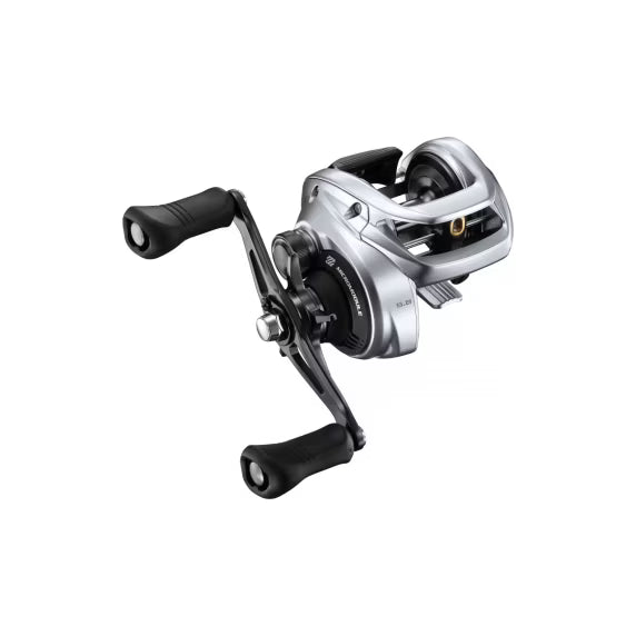 Shimano Tranx B baitcasting reel for fishing, black with handle and spool, mounted on a fishing rod.