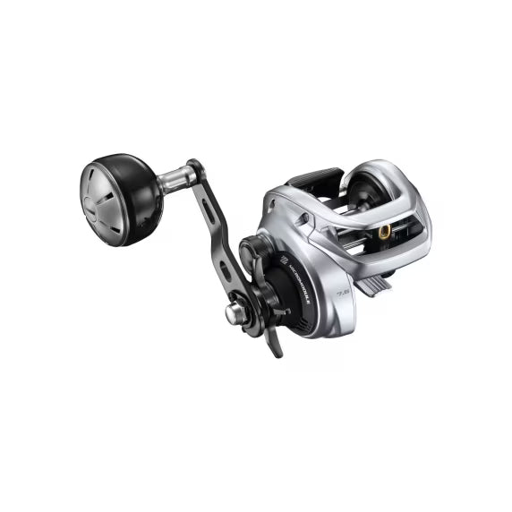 Shimano Tranx B baitcasting reel with handle and spool, designed for fishing, shown in close-up on a fishing reel.