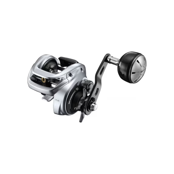 Shimano Tranx B baitcasting reel in black with ergonomic handle and spool, designed for smooth casting and durability.