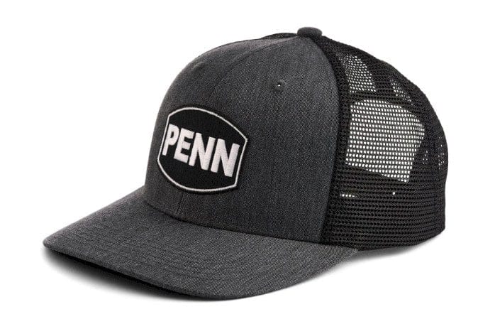 Black Heather Fisherman's Headquarters trucker cap with adjustable visor and Penn Headwear branding.