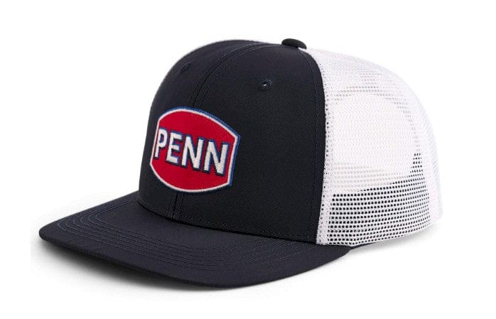 Black and grey Fisherman's Headquarters trucker cap with adjustable visor and mesh back, featuring Penn Headwear branding.