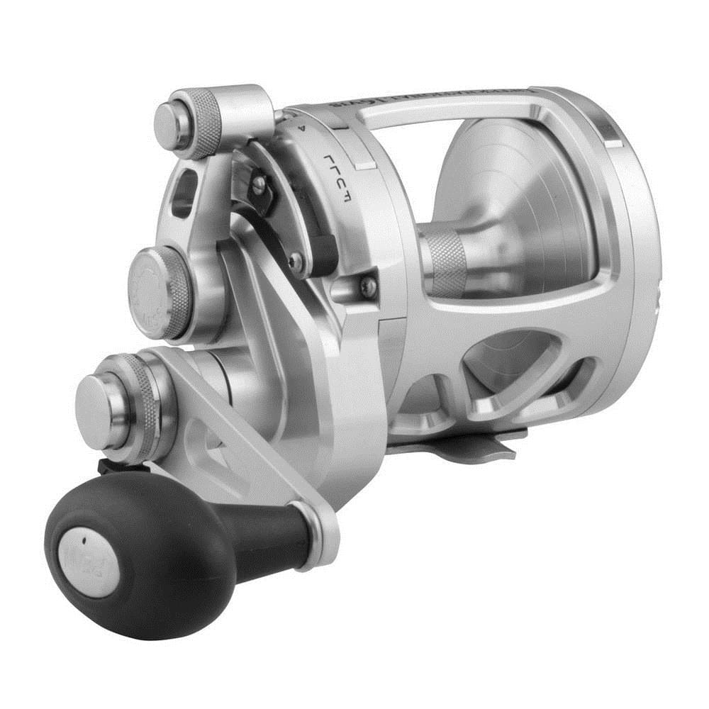 Penn International VIS Series 2-Speed Lever Drag Reel in gold, featuring dual-speed mechanism and sturdy construction for deep-sea fishing.