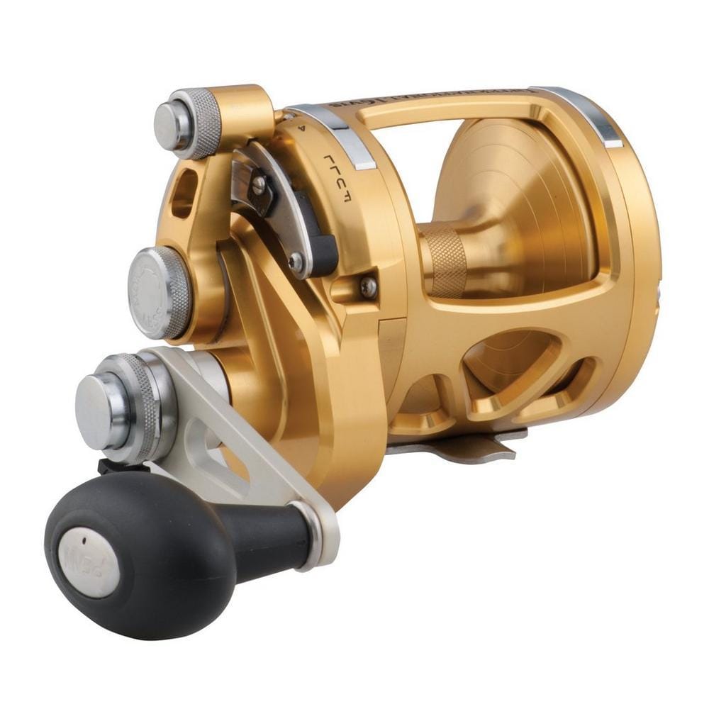 Penn International VIS Series 2-Speed Lever Drag Reel in gold, designed for saltwater fishing with detailed components.