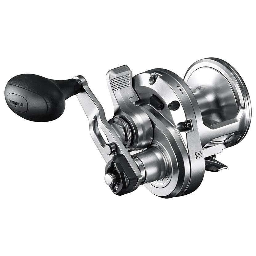 Shimano Speedmaster II lever drag reel with metal handle and spool, designed for saltwater fishing, shown from a side angle.
