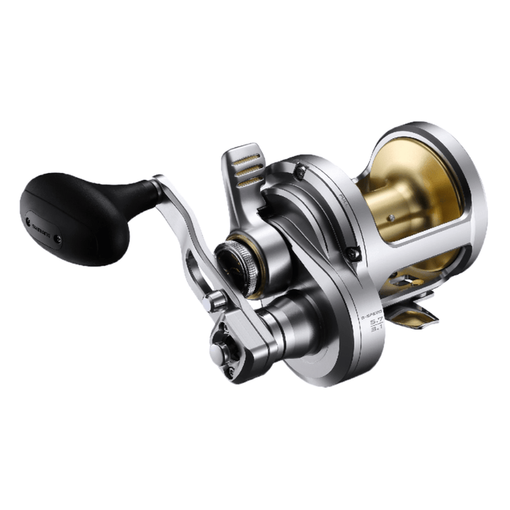 Shimano Talica A conventional lever drag reel, used for deep-sea fishing, with stainless steel handle and graphite body.