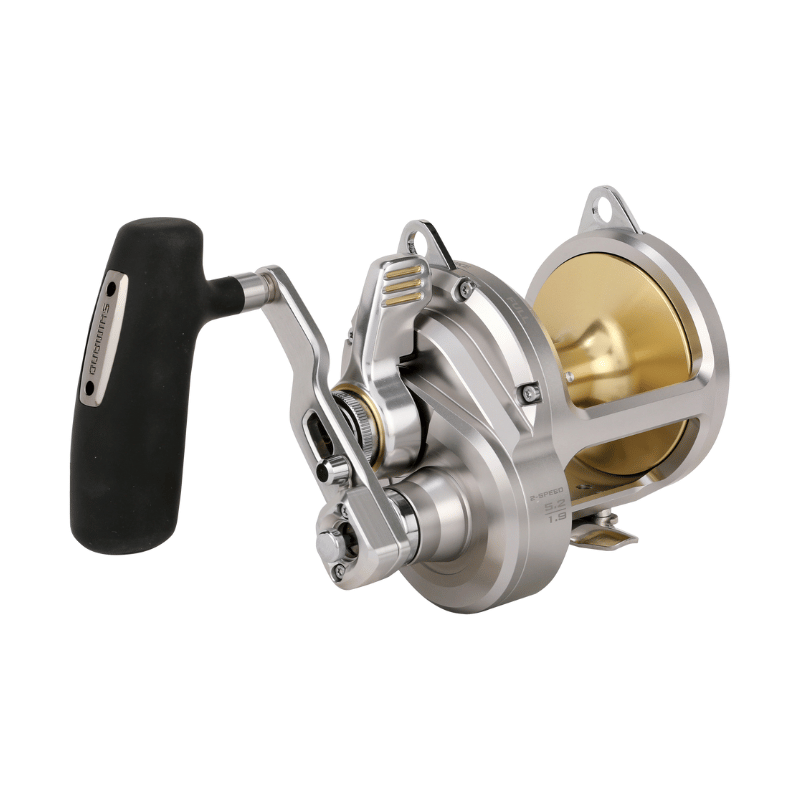Shimano Talica A conventional lever drag reel, fishing reel with metallic finish and ergonomic handle for deep-sea fishing.