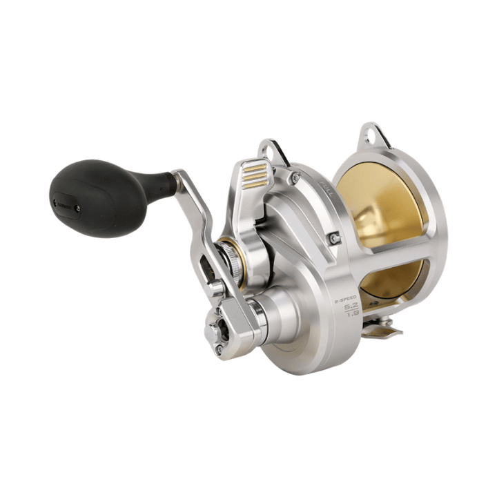 Shimano Talica A conventional lever drag reel with stainless steel spool and handle, designed for deep-sea fishing.