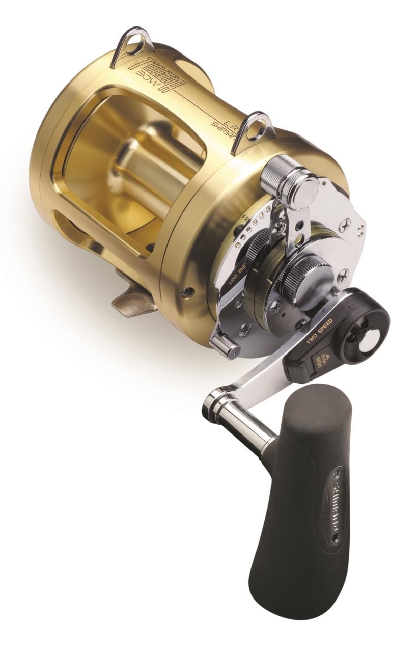 Shimano Tiagra Big Game Lever Drag Reel with ergonomic handle and sturdy reel body for saltwater fishing.