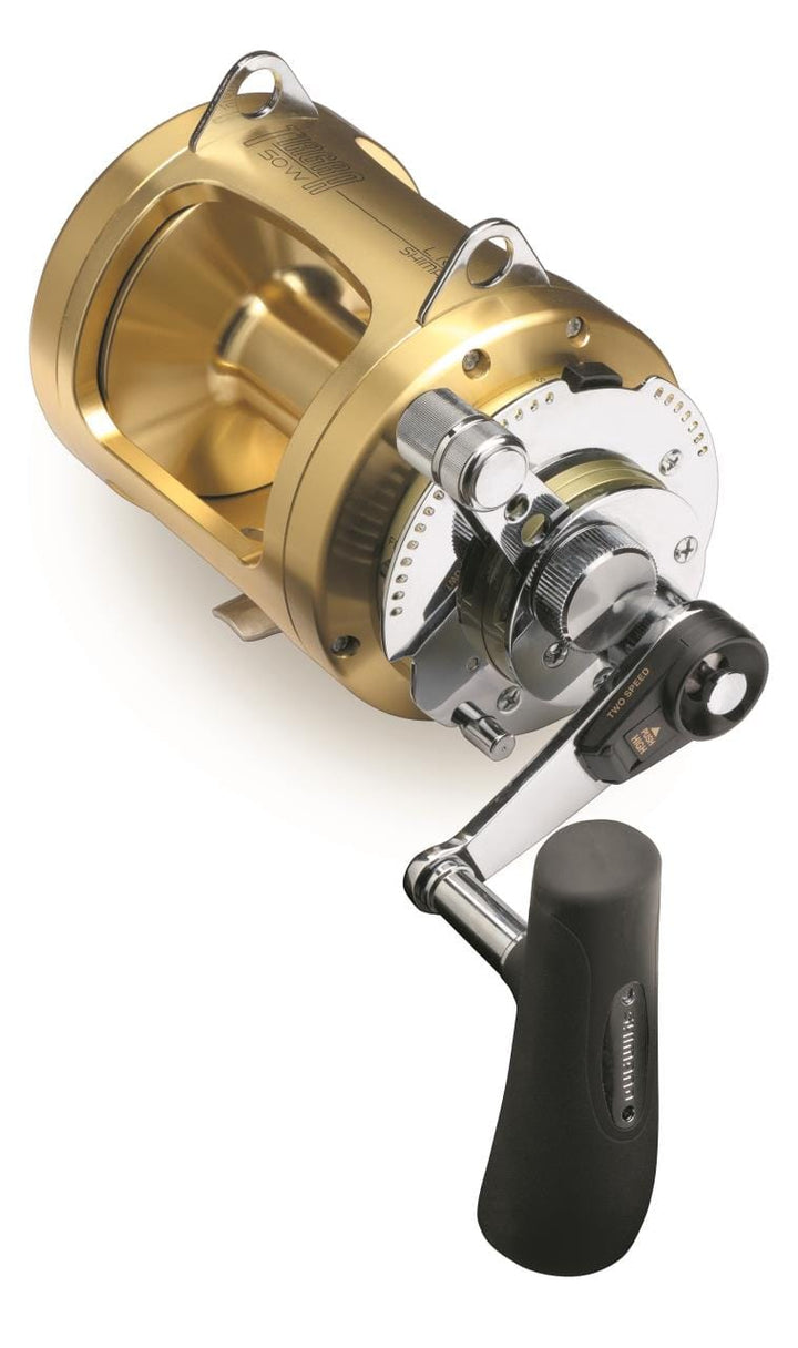 Shimano Tiagra Big Game Lever Drag Reel with black and silver design, featuring detailed handles and reel body for saltwater fishing.