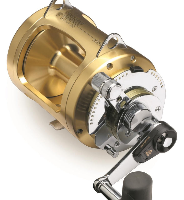 Shimano Tiagra Big Game Lever Drag Reel with sturdy construction and ergonomic handle, designed for serious saltwater fishing.