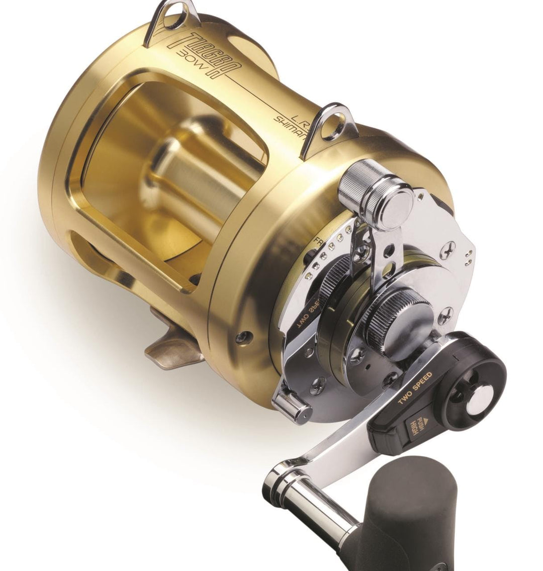Shimano Tiagra Big Game Lever Drag Reel with durable construction and ergonomic handle, ideal for deep-sea fishing.