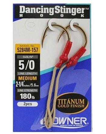 Fisherman's Headquarters Owner Dancing Stinger Assist Hooks attached to fishing line with colorful lures for enhanced bait presentation.