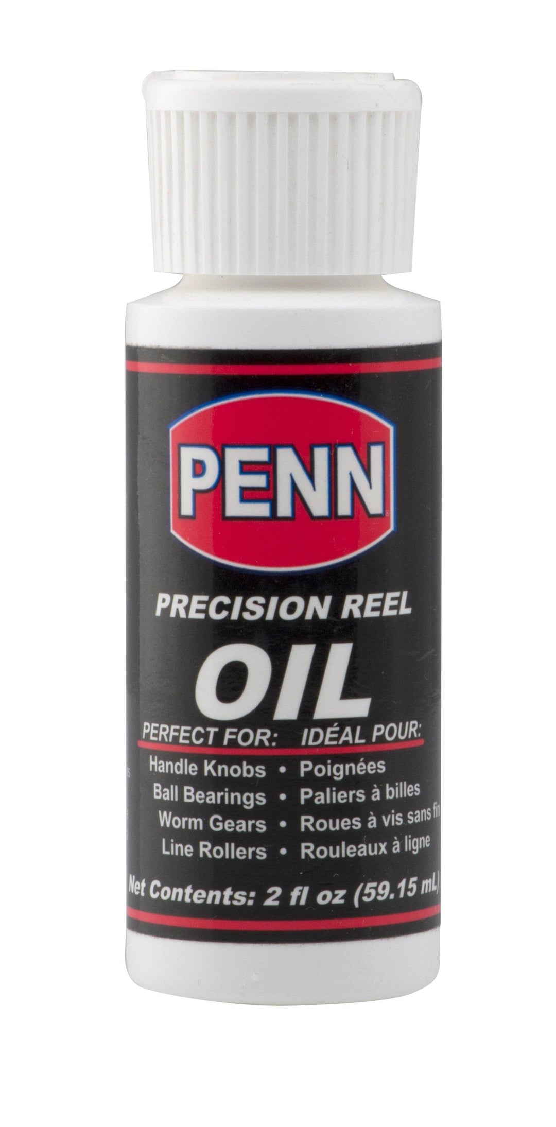Penn Reel Oil lubricant in a 2oz bottle, designed for smooth operation and maintenance of fishing reel components.