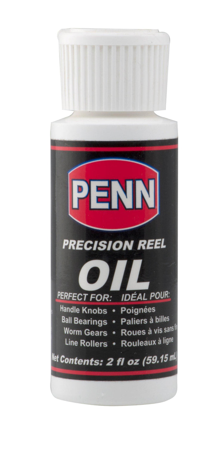 Penn Reel Oil lubricant in a 2oz bottle, designed for smooth operation and maintenance of fishing reel components.