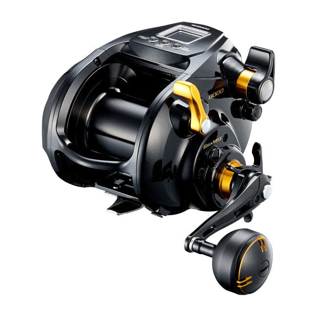 Shimano BeastMaster 9000B electric reel, black fishing reel with handle and control knob, designed for deep-sea fishing.