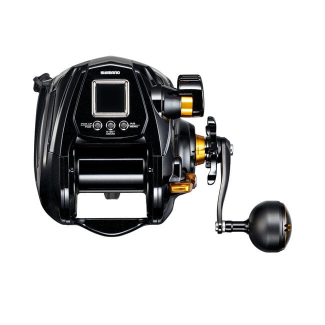 Shimano BeastMaster 9000B electric fishing reel, black and metallic design with handle and control panel, suitable for heavy-duty fishing.