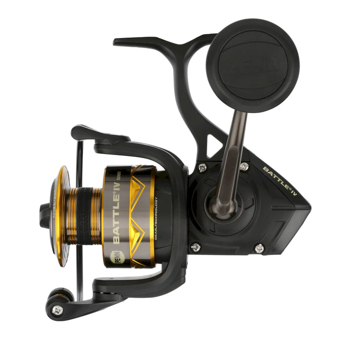 Penn Battle IV spinning reel from Fisherman's Headquarters, showing the black and silver design with spool and handle details.