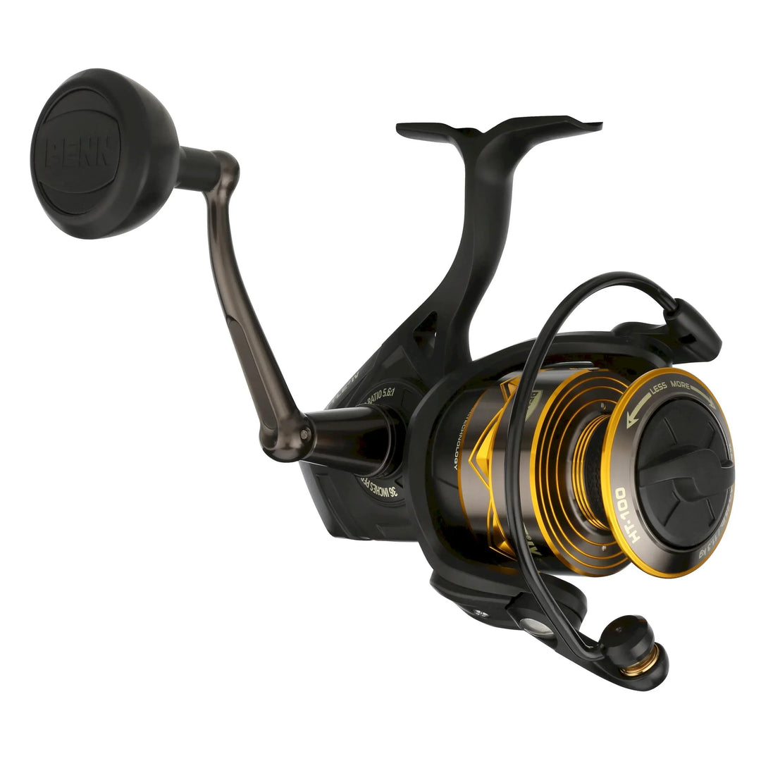 Penn Battle IV spinning reel, right side view showing handle, spool, and durable construction for saltwater fishing.
