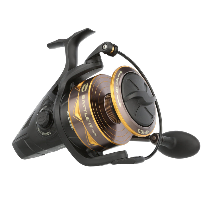 Penn Battle IV spinning reel in black with silver accents, featuring a sturdy build and smooth drag system for saltwater fishing.