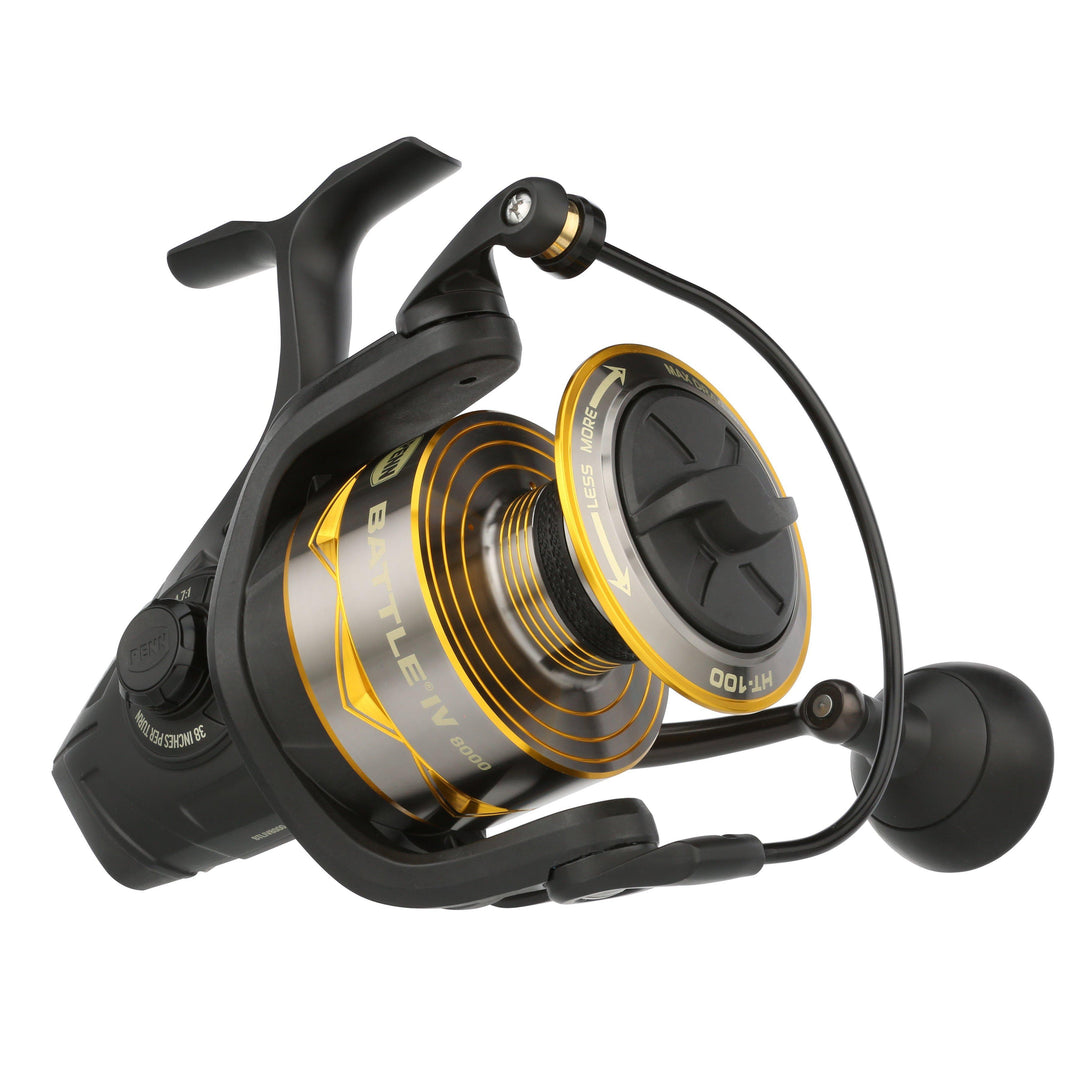 Penn Battle IV spinning reel with black body and silver handle, featuring line spool and drag adjustment knob.