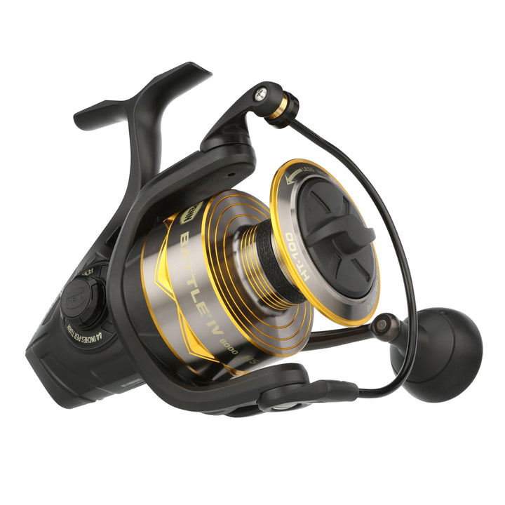 Penn Battle IV spinning reel in black with silver accents, showing the reel's spool and handle for saltwater fishing.