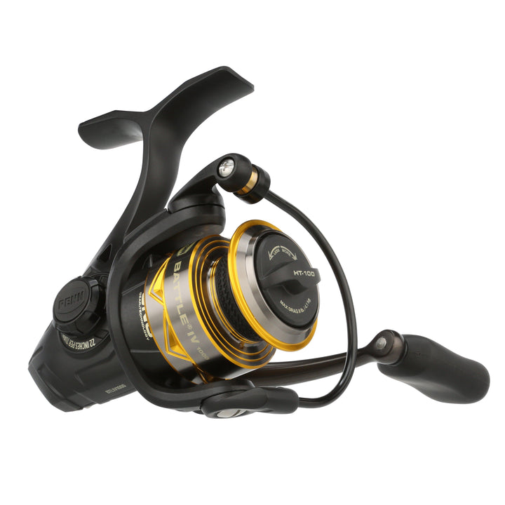 Penn Battle IV spinning reel in 1000 size, black and silver finish, showcasing the durable construction and smooth operation.