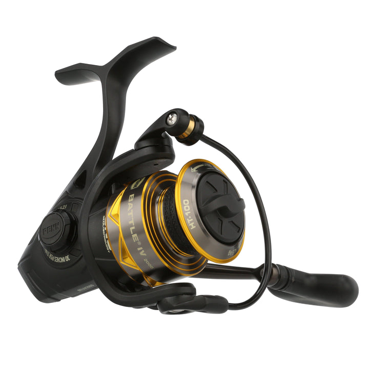 Fisherman's Headquarters Penn Battle IV 2000 spinning reel with metal body and handle for saltwater fishing.
