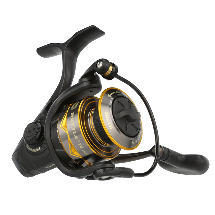Fisherman's Headquarters Penn Battle IV 2500 spinning reel with black and silver design, close-up of the reel's handle and spool.