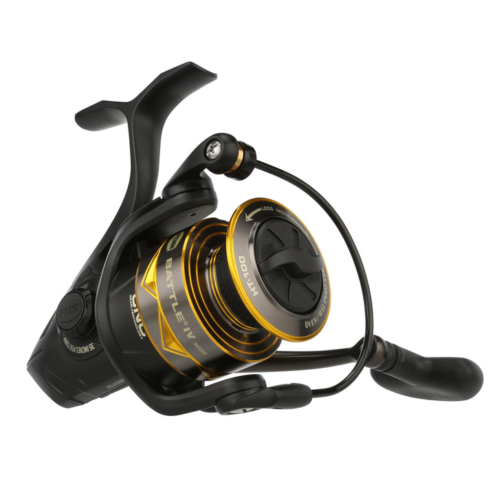 Penn Battle IV spinning reel in 3000 size with black finish, featuring handle and spool for saltwater fishing.