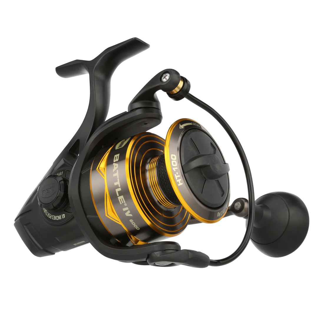 Penn Battle IV spinning reel in 6000 size, showing its sturdy construction and spool ready for freshwater or saltwater fishing.