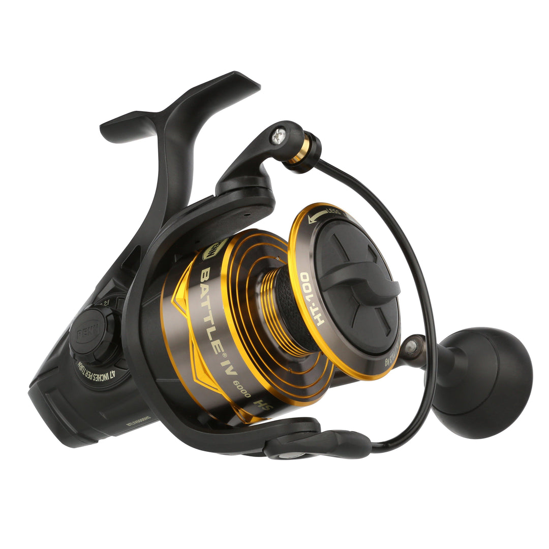 Penn Battle IV 6000 HS spinning reel with sturdy body and spool, designed for saltwater fishing, by Fisherman's Headquarters.
