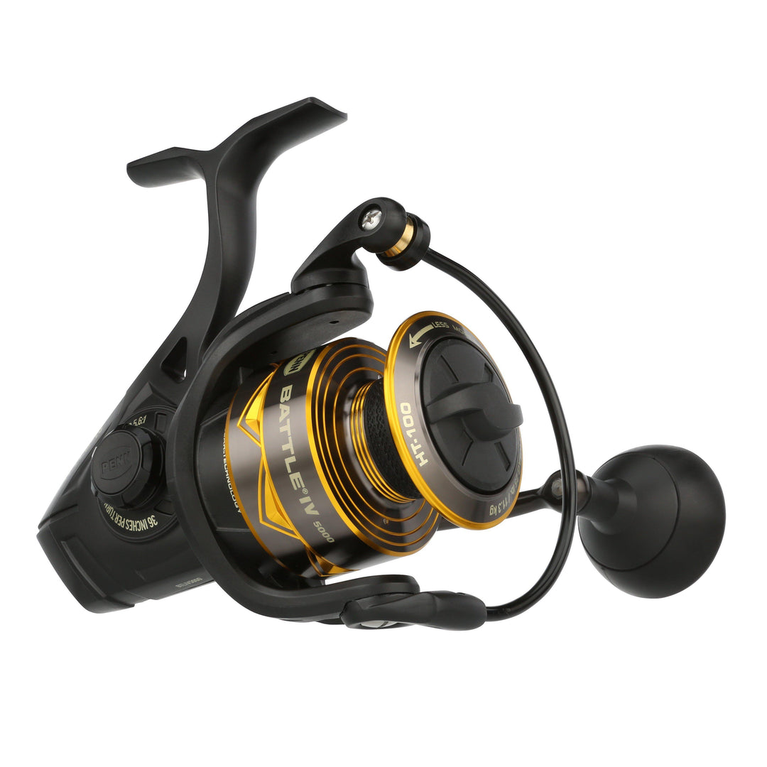 Fisherman's Headquarters Penn Battle IV spinning reel in 5000 size, black and silver, with handle and spool visible.