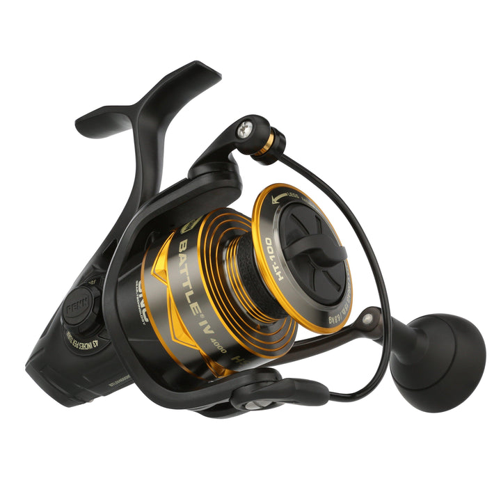 Penn Battle IV spinning reel in 4000 size, black and silver, with smooth handle and line spool, designed for saltwater fishing.