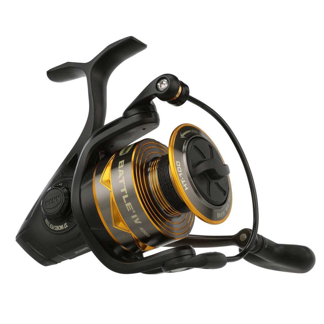 Penn Battle IV spinning reel in black and silver with adjustable drag system and spool, designed for freshwater and saltwater fishing.