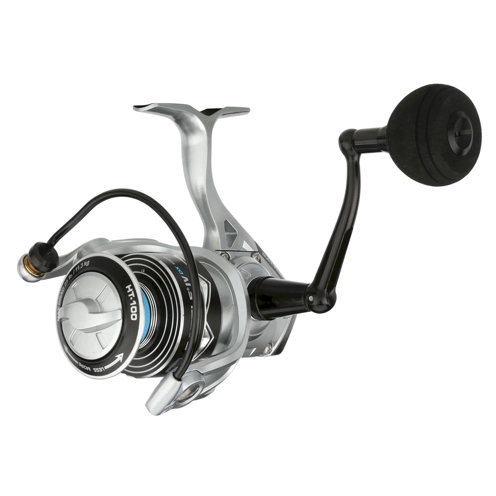 Penn Battle IV DX spinning reel with black and silver finish, mounted on fishing rod, showcasing handle and spool details.